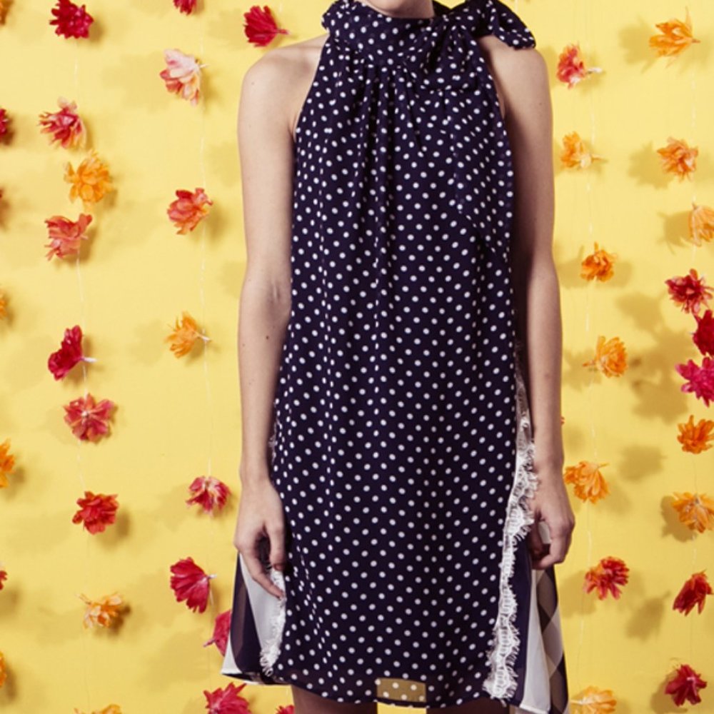 RYU Navy and White Polka Dot Halter A-Line Dress
